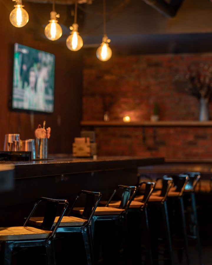 Bar stools and pendant lighting in the Cellar Bar